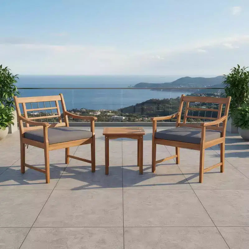 Gymax 3-Piece Outdoor Acacia Wood Bistro Set with Ergonomic Chairs and Coffee Table Cushioned Seating Gray/Navy