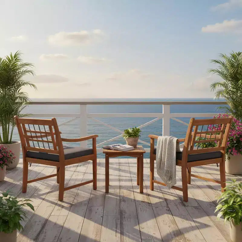 Gymax 3-Piece Outdoor Acacia Wood Bistro Set with Ergonomic Chairs and Coffee Table Cushioned Seating Gray/Navy