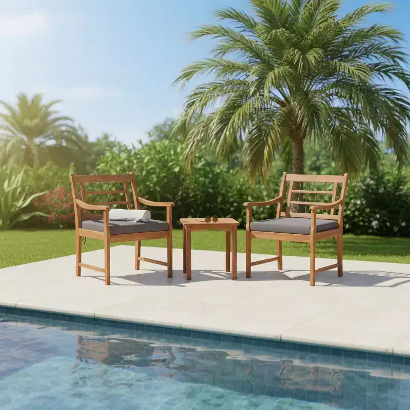 Gymax 3-Piece Outdoor Acacia Wood Bistro Set with Ergonomic Chairs and Coffee Table Cushioned Seating Gray/Navy