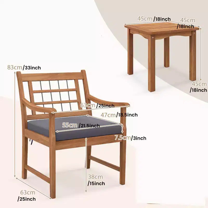 Gymax 3-Piece Outdoor Acacia Wood Bistro Set with Ergonomic Chairs and Coffee Table Cushioned Seating Gray/Navy