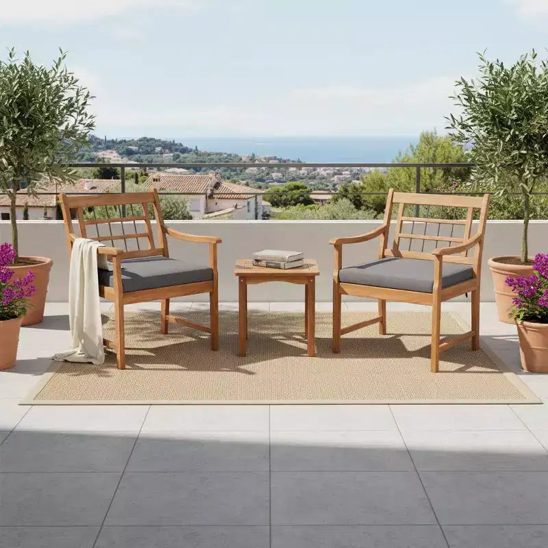 Gymax 3-Piece Outdoor Acacia Wood Bistro Set with Ergonomic Chairs and Coffee Table Cushioned Seating Gray/Navy