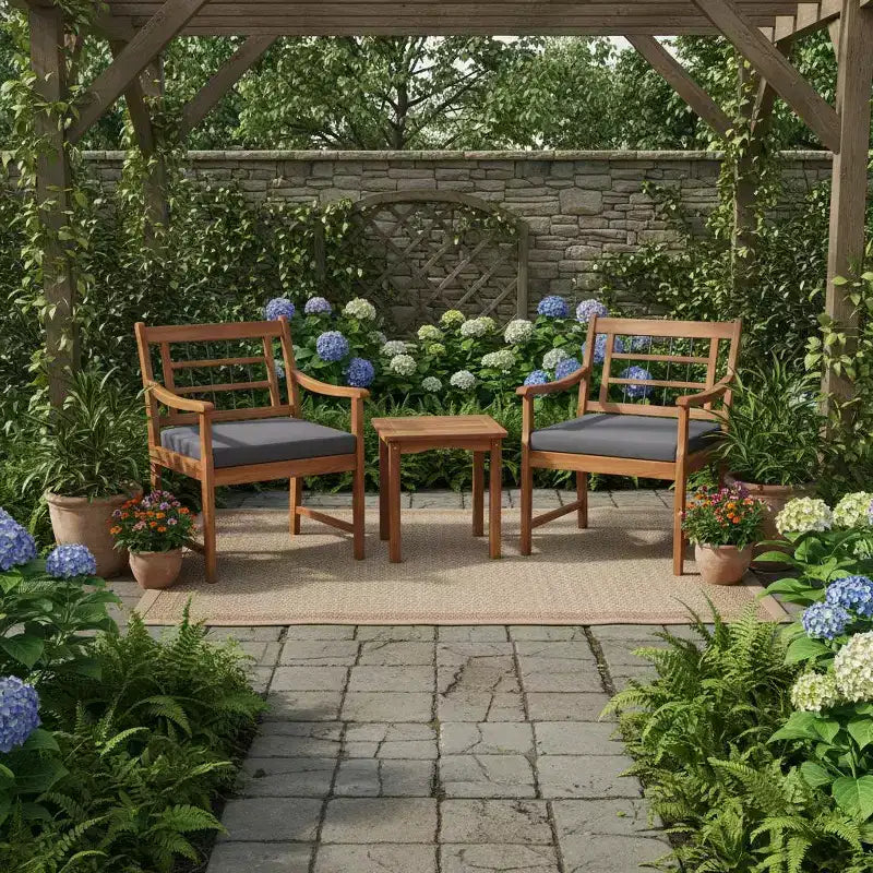 Gymax 3-Piece Outdoor Acacia Wood Bistro Set with Ergonomic Chairs and Coffee Table Cushioned Seating Gray/Navy