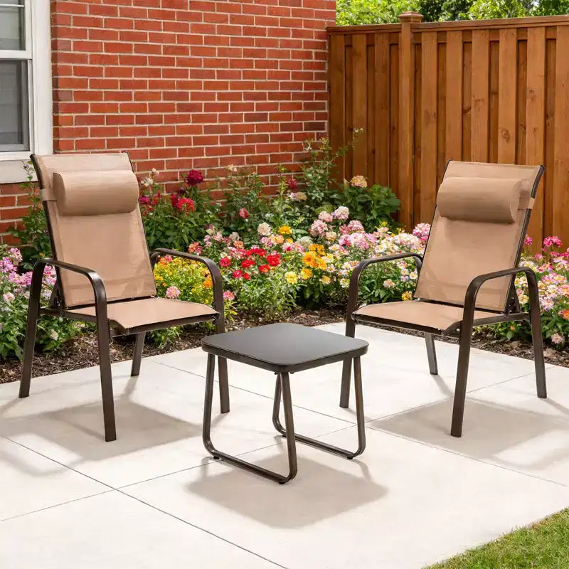 Gymax 3-Piece Outdoor Bistro Set w/ Adjustable Back & Headrest Stackable Chairs Tempered Glass Coffee Table Black/Brown