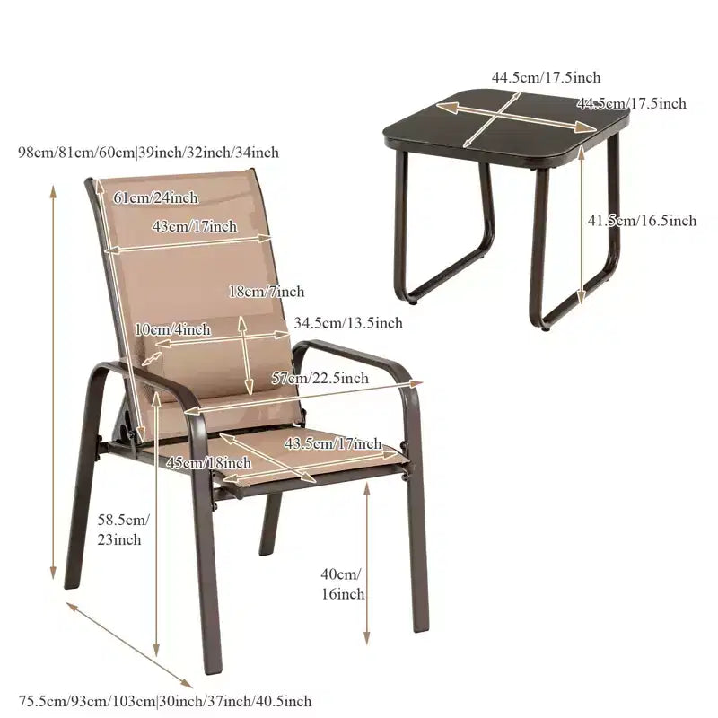 Gymax 3-Piece Outdoor Bistro Set w/ Adjustable Back & Headrest Stackable Chairs Tempered Glass Coffee Table Black/Brown