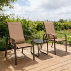 Gymax 3-Piece Outdoor Bistro Set w/ Adjustable Back & Headrest Stackable Chairs Tempered Glass Coffee Table Black/Brown