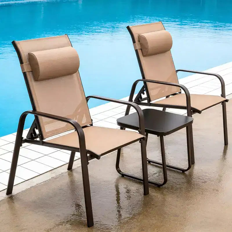 Gymax 3-Piece Outdoor Bistro Set w/ Adjustable Back & Headrest Stackable Chairs Tempered Glass Coffee Table Black/Brown