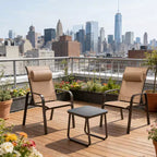 Gymax 3-Piece Outdoor Bistro Set w/ Adjustable Back & Headrest Stackable Chairs Tempered Glass Coffee Table Black/Brown