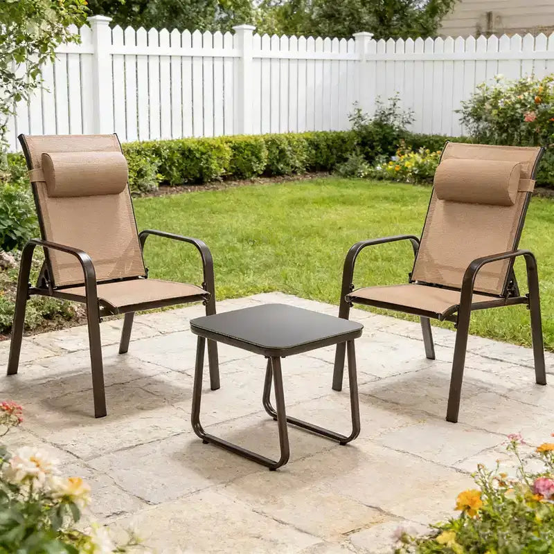 Gymax 3-Piece Outdoor Bistro Set w/ Adjustable Back & Headrest Stackable Chairs Tempered Glass Coffee Table Black/Brown