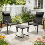 Gymax 3-Piece Outdoor Bistro Set w/ Adjustable Back & Headrest Stackable Chairs Tempered Glass Coffee Table Black/Brown