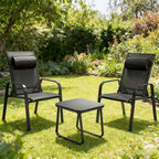 Gymax 3-Piece Outdoor Bistro Set w/ Adjustable Back & Headrest Stackable Chairs Tempered Glass Coffee Table Black/Brown