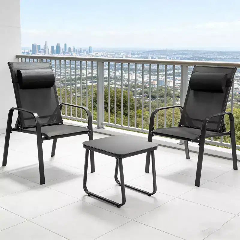 Gymax 3-Piece Outdoor Bistro Set w/ Adjustable Back & Headrest Stackable Chairs Tempered Glass Coffee Table Black/Brown