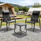 Gymax 3-Piece Outdoor Bistro Set w/ Adjustable Back & Headrest Stackable Chairs Tempered Glass Coffee Table Black/Brown