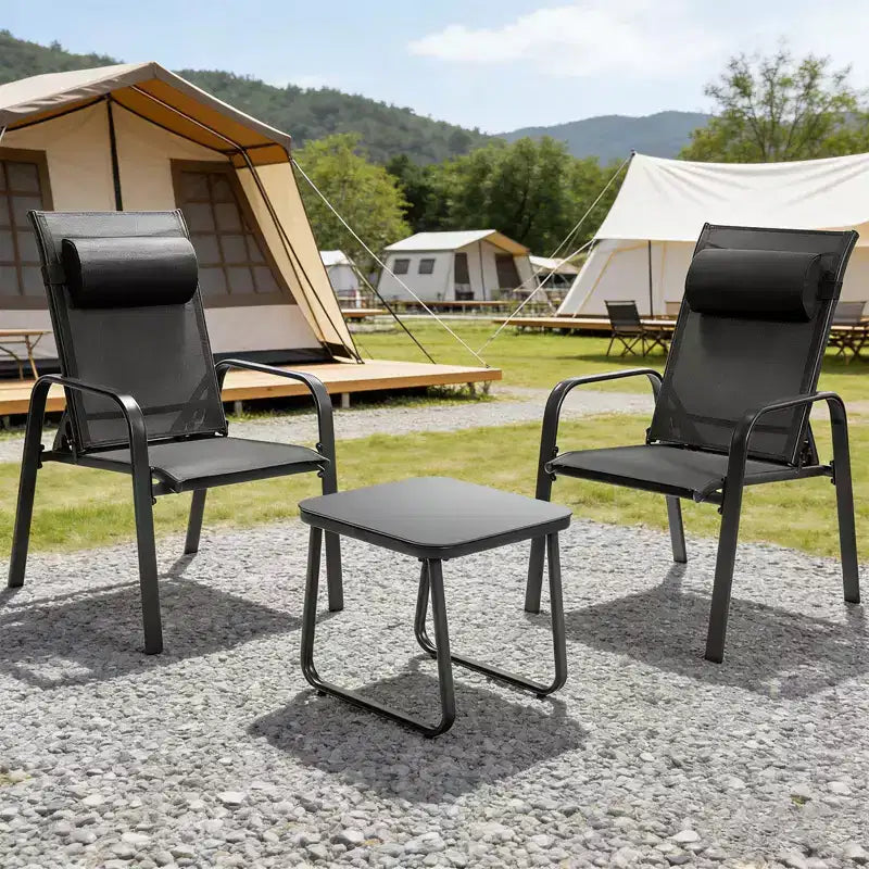 Gymax 3-Piece Outdoor Bistro Set w/ Adjustable Back & Headrest Stackable Chairs Tempered Glass Coffee Table Black/Brown
