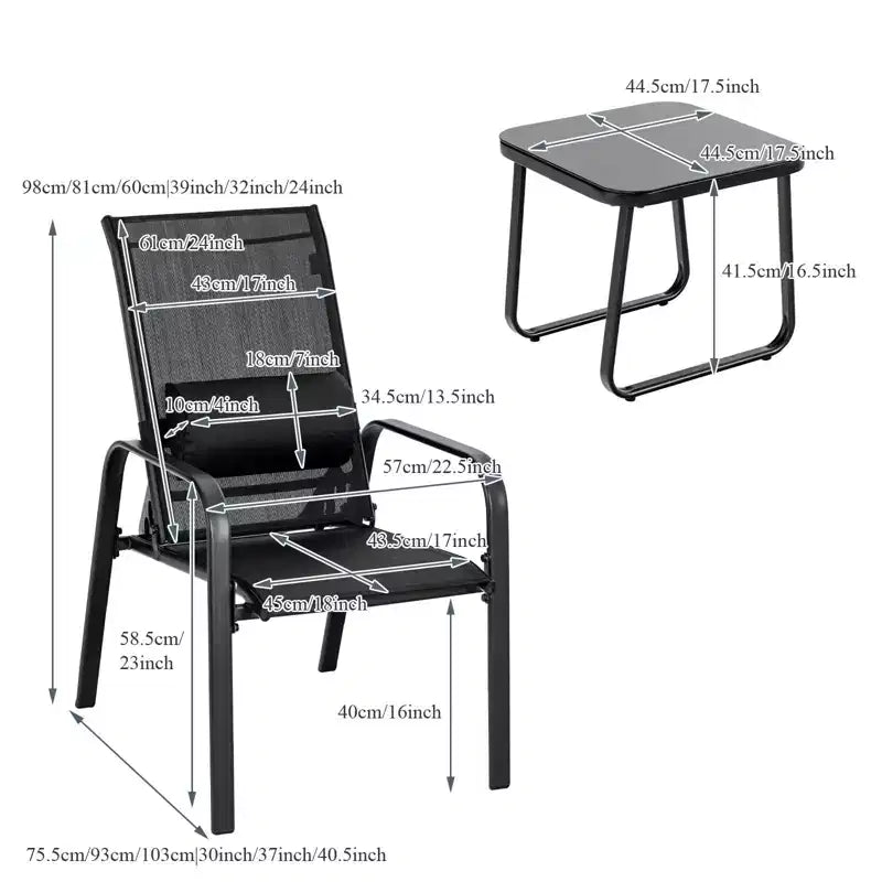 Gymax 3-Piece Outdoor Bistro Set w/ Adjustable Back & Headrest Stackable Chairs Tempered Glass Coffee Table Black/Brown