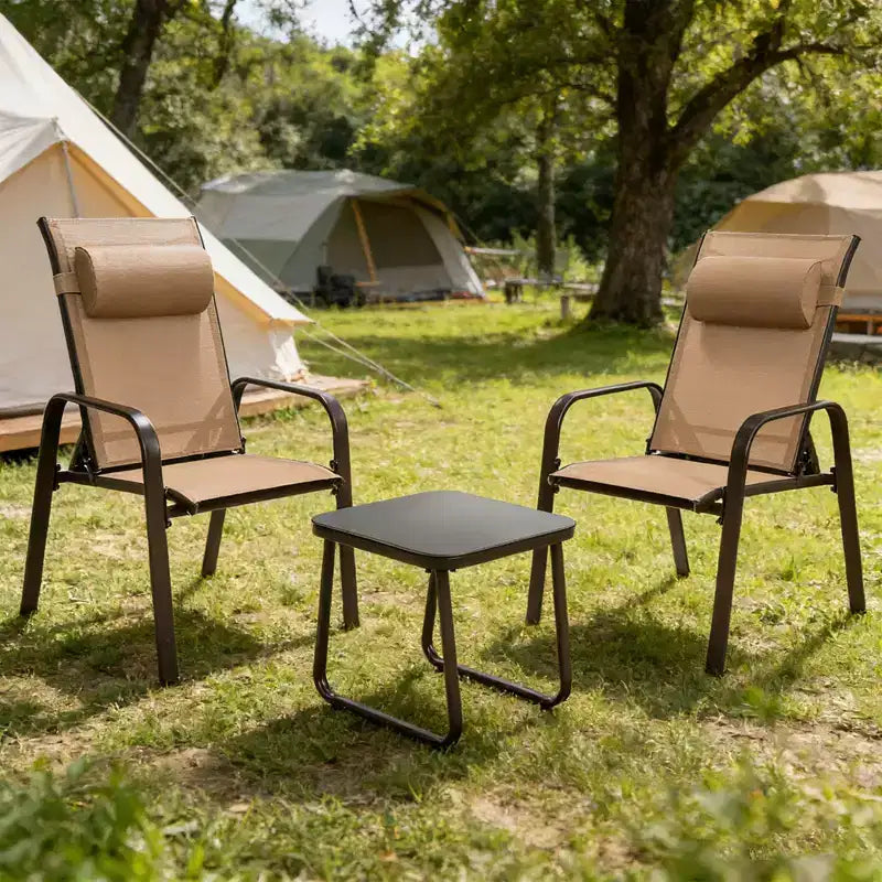 Gymax 3-Piece Outdoor Bistro Set w/ Adjustable Back & Headrest Stackable Chairs Tempered Glass Coffee Table Black/Brown