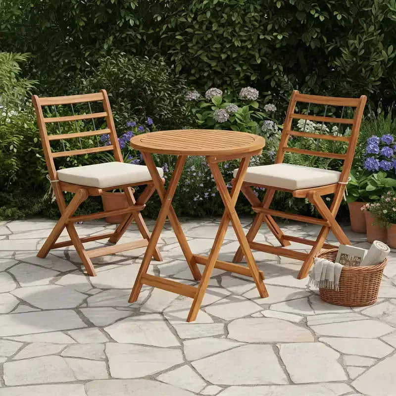 Gymax 3-Piece Folding Acacia Wood Patio Bistro Set w/ Cushioned Chairs & Round Table for Garden Balcony or Patio Off White/Navy/Gray