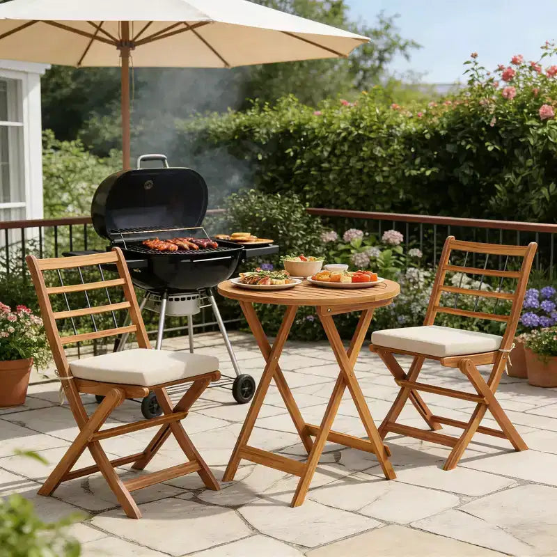 Gymax 3-Piece Folding Acacia Wood Patio Bistro Set w/ Cushioned Chairs & Round Table for Garden Balcony or Patio Off White/Navy/Gray