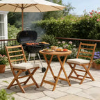Gymax 3-Piece Folding Acacia Wood Patio Bistro Set w/ Cushioned Chairs & Round Table for Garden Balcony or Patio Off White/Navy/Gray