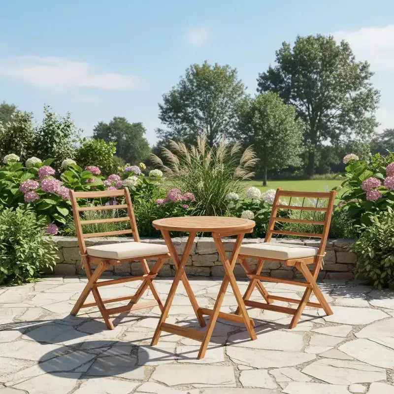Gymax 3-Piece Folding Acacia Wood Patio Bistro Set w/ Cushioned Chairs & Round Table for Garden Balcony or Patio Off White/Navy/Gray