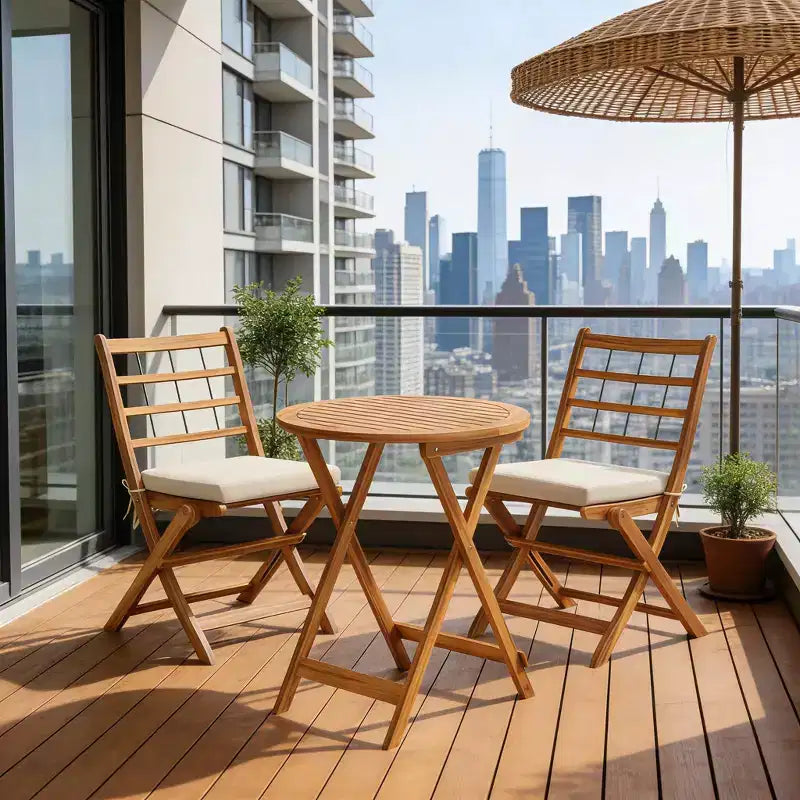 Gymax 3-Piece Folding Acacia Wood Patio Bistro Set w/ Cushioned Chairs & Round Table for Garden Balcony or Patio Off White/Navy/Gray