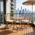 Gymax 3-Piece Folding Acacia Wood Patio Bistro Set w/ Cushioned Chairs & Round Table for Garden Balcony or Patio Off White/Navy/Gray