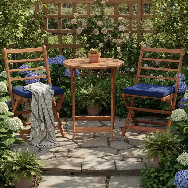 Gymax 3-Piece Folding Acacia Wood Patio Bistro Set w/ Cushioned Chairs & Round Table for Garden Balcony or Patio Off White/Navy/Gray