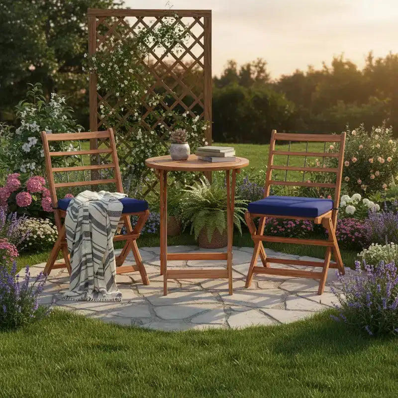 Gymax 3-Piece Folding Acacia Wood Patio Bistro Set w/ Cushioned Chairs & Round Table for Garden Balcony or Patio Off White/Navy/Gray