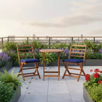 Gymax 3-Piece Folding Acacia Wood Patio Bistro Set w/ Cushioned Chairs & Round Table for Garden Balcony or Patio Off White/Navy/Gray