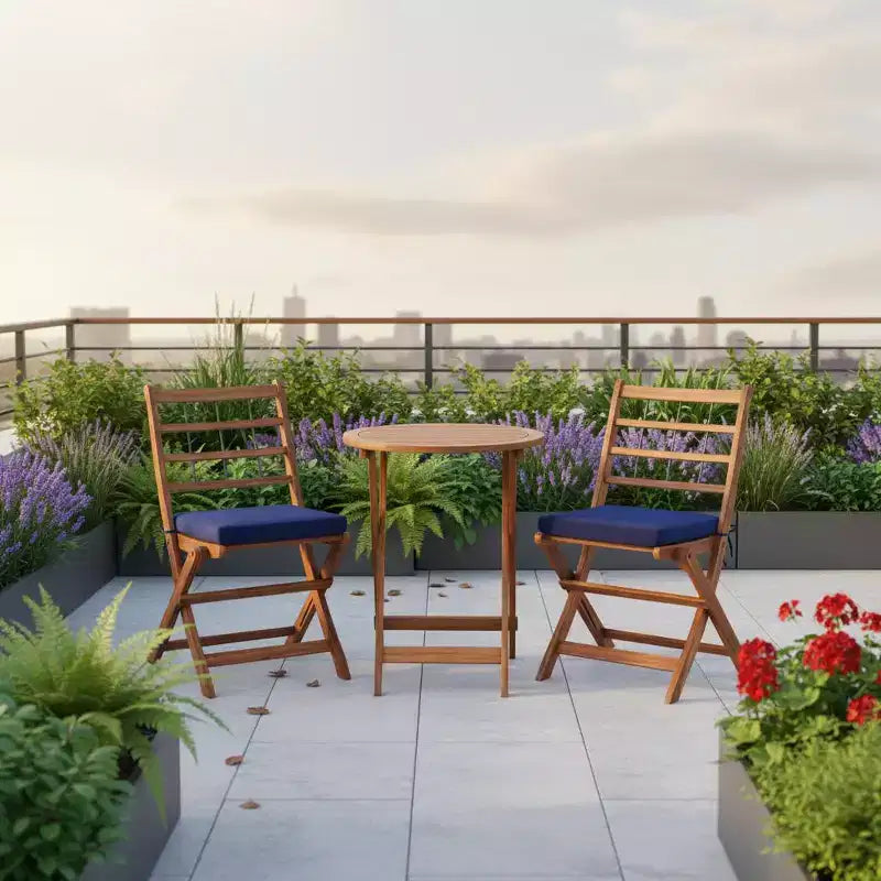 Gymax 3-Piece Folding Acacia Wood Patio Bistro Set w/ Cushioned Chairs & Round Table for Garden Balcony or Patio Off White/Navy/Gray