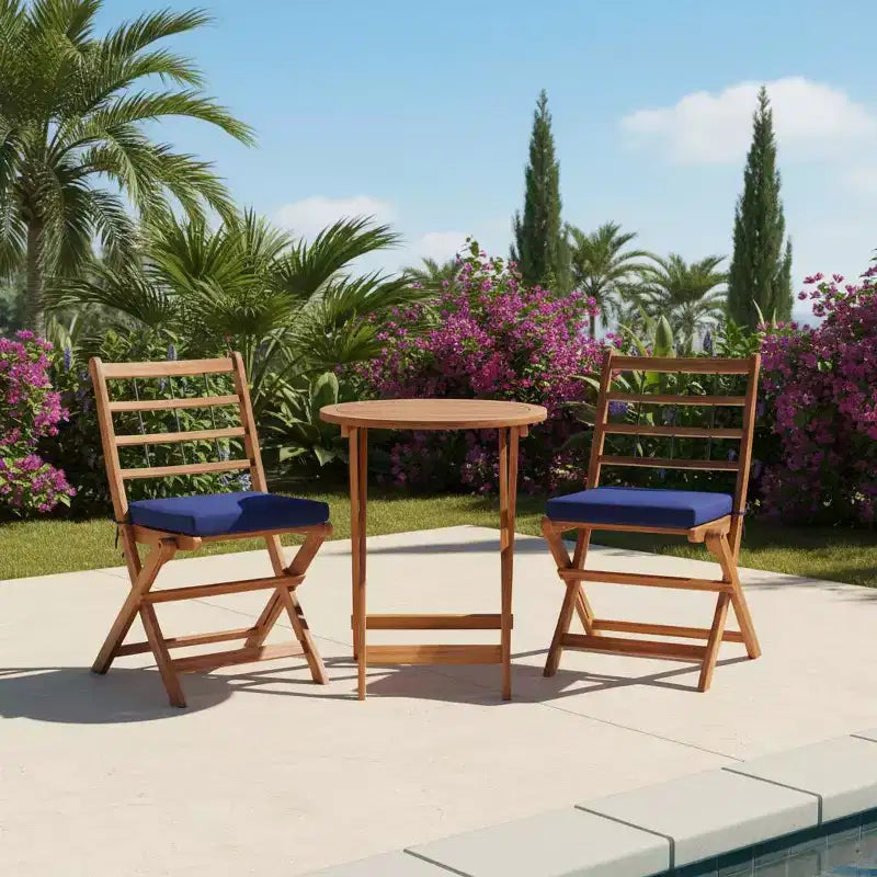 Gymax 3-Piece Folding Acacia Wood Patio Bistro Set w/ Cushioned Chairs & Round Table for Garden Balcony or Patio Off White/Navy/Gray