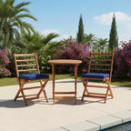 Gymax 3-Piece Folding Acacia Wood Patio Bistro Set w/ Cushioned Chairs & Round Table for Garden Balcony or Patio Off White/Navy/Gray