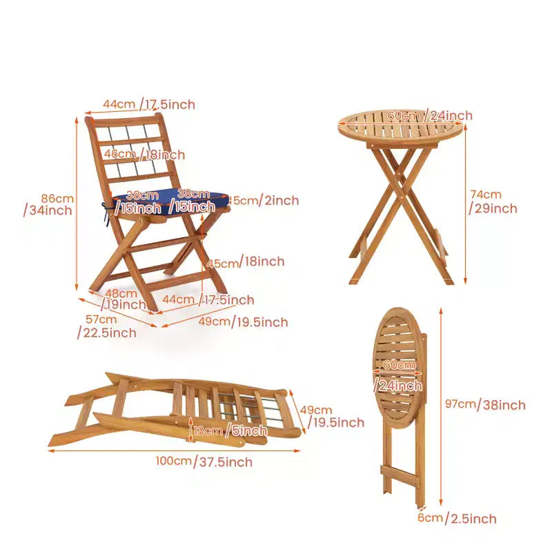 Gymax 3-Piece Folding Acacia Wood Patio Bistro Set w/ Cushioned Chairs & Round Table for Garden Balcony or Patio Off White/Navy/Gray