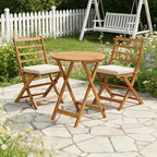 Gymax 3-Piece Folding Acacia Wood Patio Bistro Set w/ Cushioned Chairs & Round Table for Garden Balcony or Patio Off White/Navy/Gray