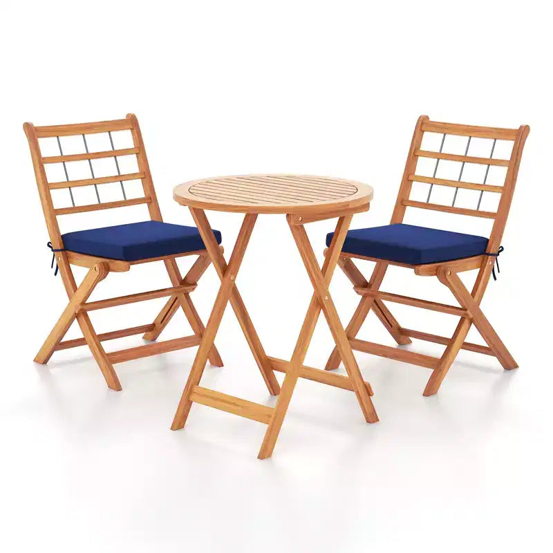 Gymax 3-Piece Folding Acacia Wood Patio Bistro Set w/ Cushioned Chairs & Round Table for Garden Balcony or Patio Off White/Navy/Gray