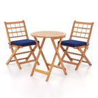Gymax 3-Piece Folding Acacia Wood Patio Bistro Set w/ Cushioned Chairs & Round Table for Garden Balcony or Patio Off White/Navy/Gray