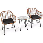 Gymax 3 PCS Patio Conversation Set Outdoor PE Rattan Armchairs w/ Plush Cushions & Round Tempered Glass Coffee Table Navy Blue/Gray/Black
