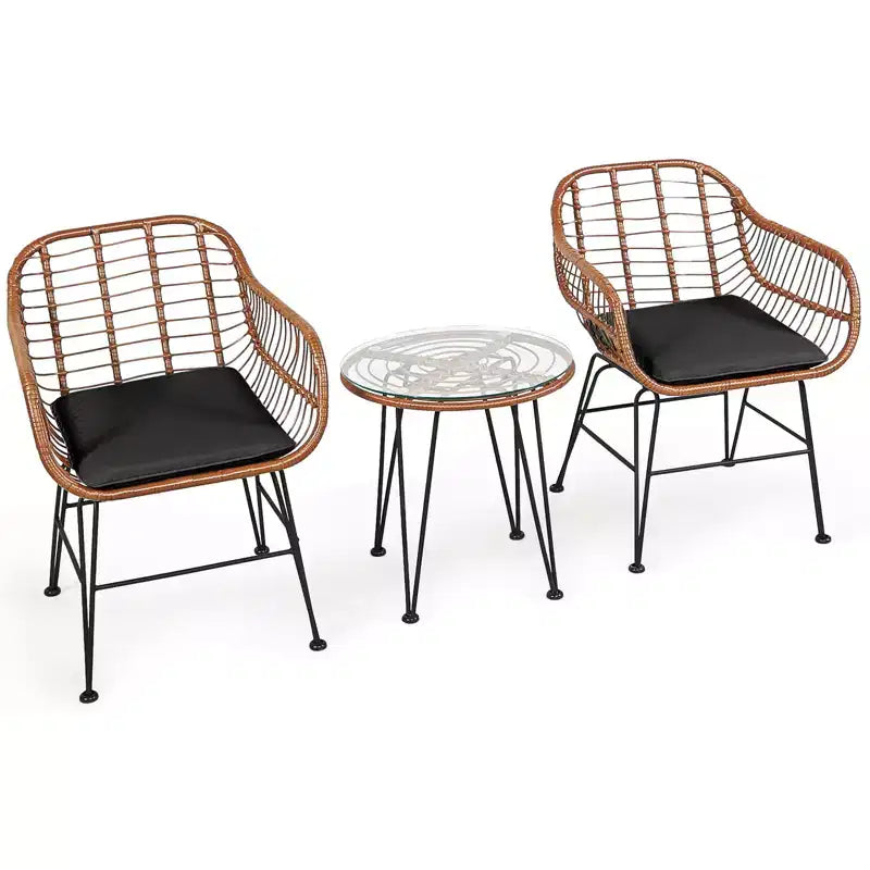 Gymax 3 PCS Patio Conversation Set Outdoor PE Rattan Armchairs w/ Plush Cushions & Round Tempered Glass Coffee Table Navy Blue/Gray/Black