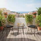 Gymax 3 PCS Patio Conversation Set Outdoor PE Rattan Armchairs w/ Plush Cushions & Round Tempered Glass Coffee Table Navy Blue/Gray/Black