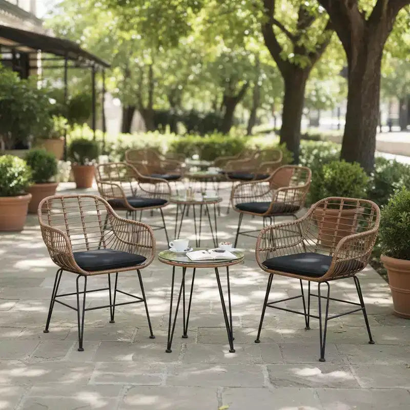 Gymax 3 PCS Patio Conversation Set Outdoor PE Rattan Armchairs w/ Plush Cushions & Round Tempered Glass Coffee Table Navy Blue/Gray/Black