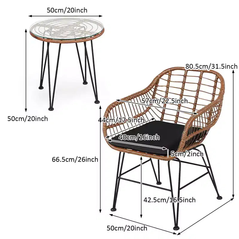 Gymax 3 PCS Patio Conversation Set Outdoor PE Rattan Armchairs w/ Plush Cushions & Round Tempered Glass Coffee Table Navy Blue/Gray/Black