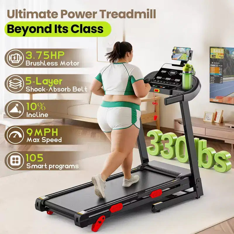 Smart Folding Treadmill for All Ages & Pets, 3.75HP Brushless Motor Running Machine, 10% Incline, 330lb Capacity, Quiet Home Gym Equipment