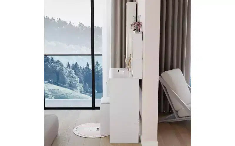 17-Inch Natural Vanity Desk Set with Full-Body Mirror Cabinet and Lights, Cabinet Storage, Matching Stool for Bedroom