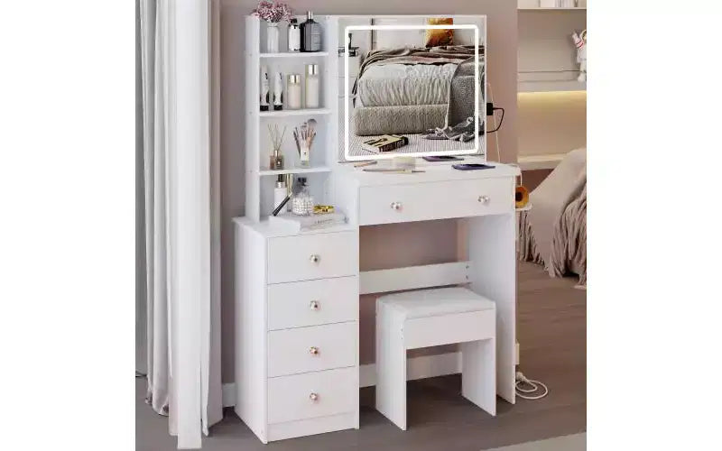 17-Inch Natural Vanity Desk Set with Full-Body Mirror Cabinet and Lights, Cabinet Storage, Matching Stool for Bedroom