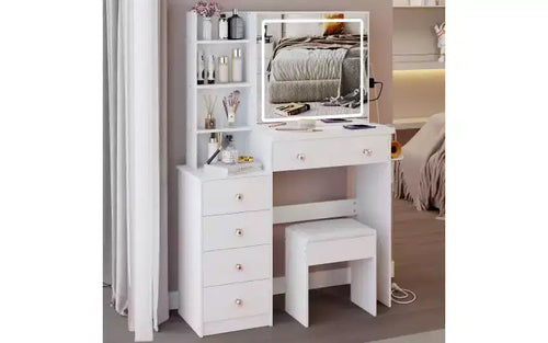 17-Inch Natural Vanity Desk Set with Full-Body Mirror Cabinet and Lights, Cabinet Storage, Matching Stool for Bedroom