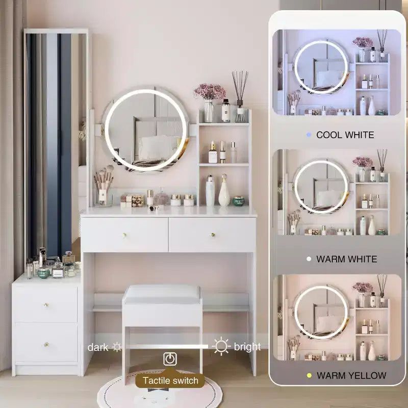 17-Inch Natural Vanity Desk Set with Full-Body Mirror Cabinet and Lights, Cabinet Storage, Matching Stool for Bedroom