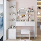 17-Inch Natural Vanity Desk Set with Full-Body Mirror Cabinet and Lights, Cabinet Storage, Matching Stool for Bedroom