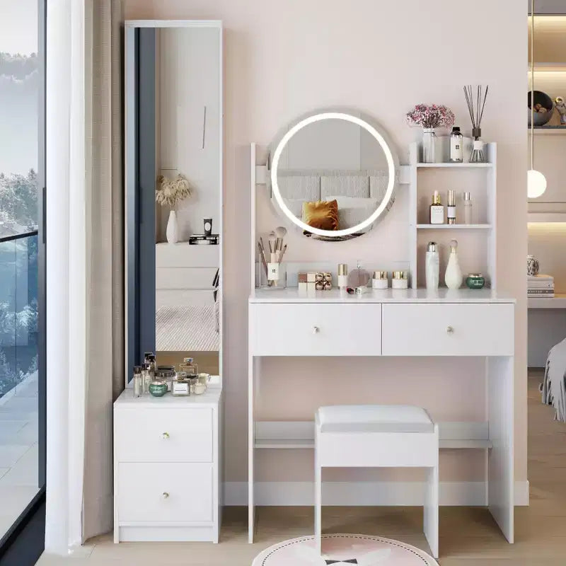 17-Inch Natural Vanity Desk Set with Full-Body Mirror Cabinet and Lights, Cabinet Storage, Matching Stool for Bedroom