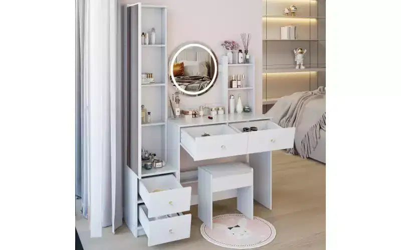 17-Inch Natural Vanity Desk Set with Full-Body Mirror Cabinet and Lights, Cabinet Storage, Matching Stool for Bedroom