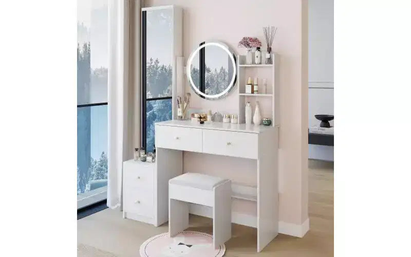 17-Inch Natural Vanity Desk Set with Full-Body Mirror Cabinet and Lights, Cabinet Storage, Matching Stool for Bedroom