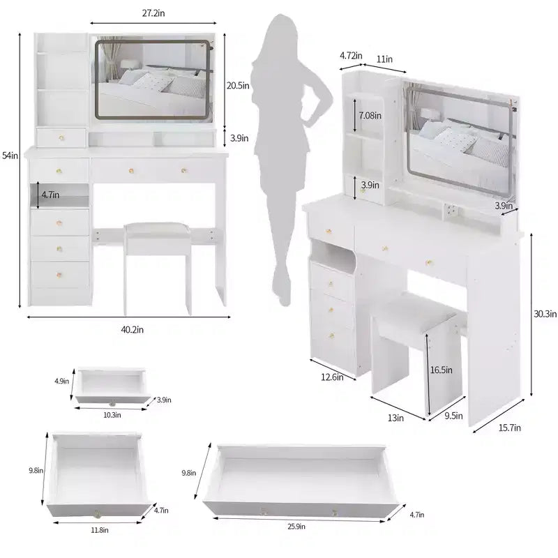 41-Inch Natural Makeup Vanity Desk with Touch-Control LED Mirror, Organized Storage, Matching Stool for Bedroom